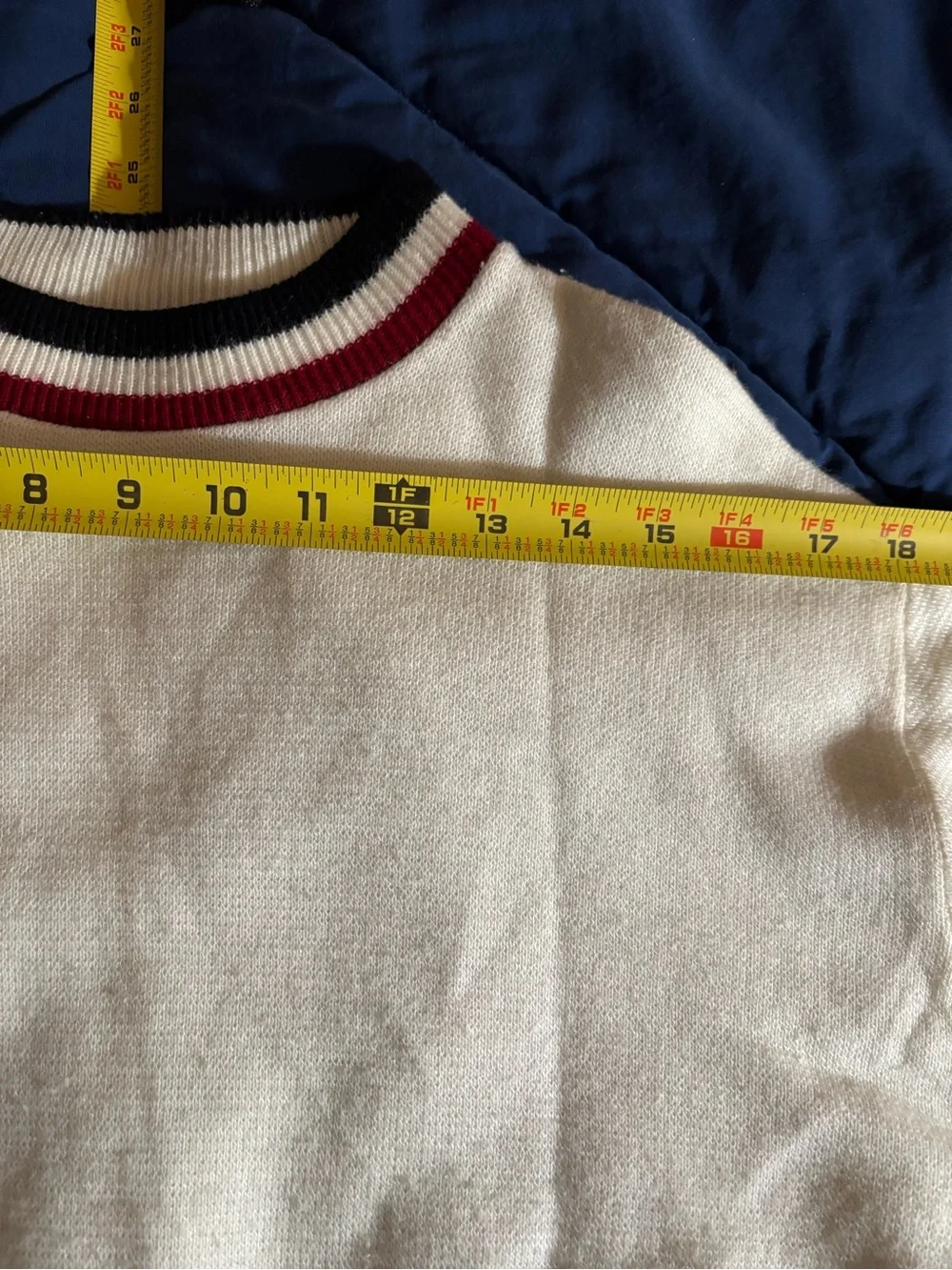 Puritan Cream Sweater with Bowling Red and Blue Strips Edge